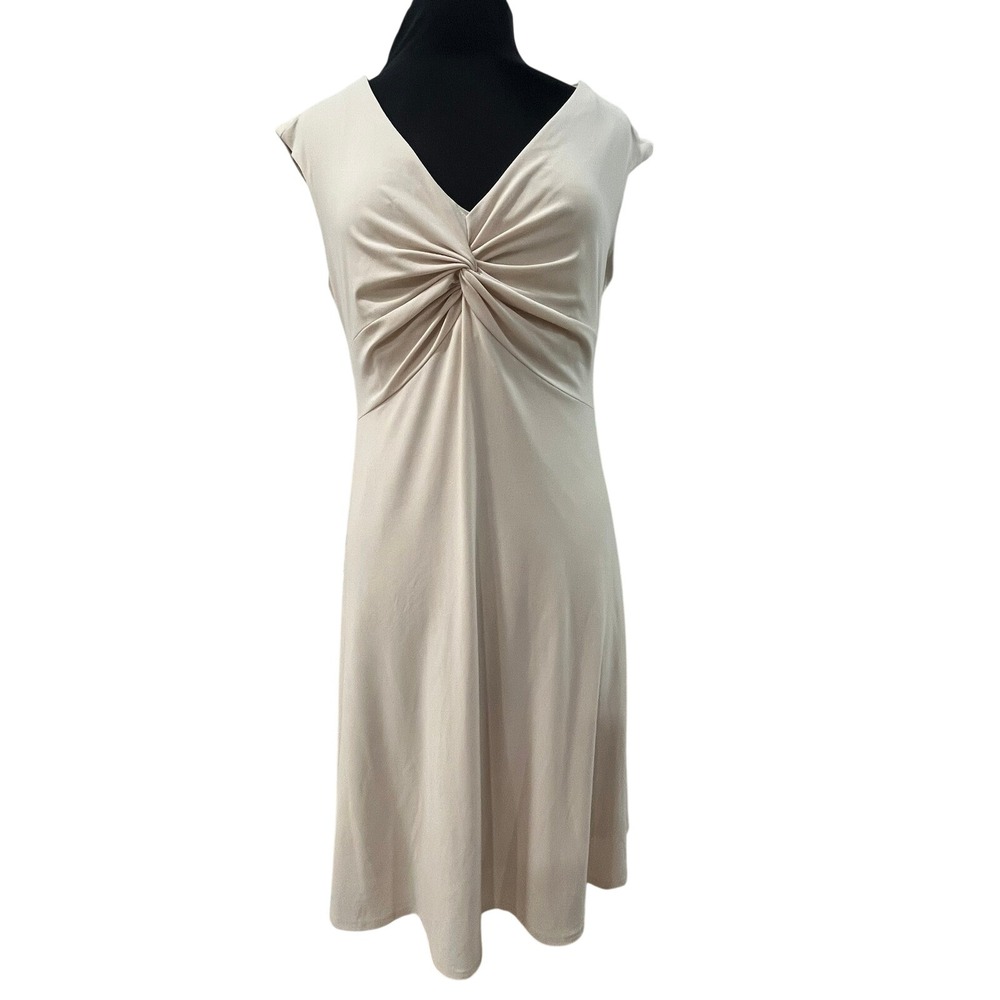 Joseph Ribkoff Beige Twist Front V-Neck Sleeveless Midi Dress 80593 Size 14